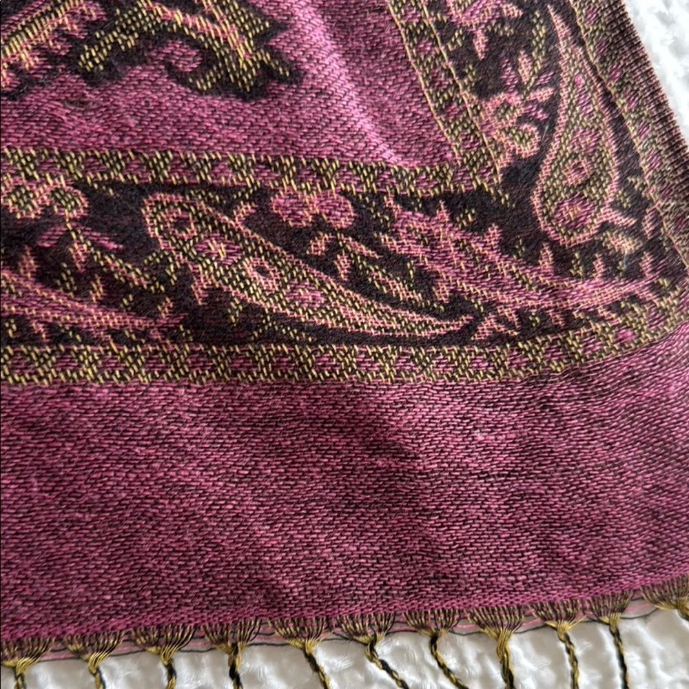 Purple Floral Paisley Embroidered Scarf with Fringe